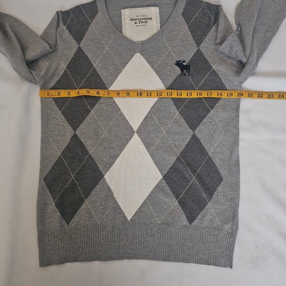 Abercrombie & Fitch Gray Argyle Moose Logo V-Neck Pullover Sweater Men's Size XL - Picture 8 of 9